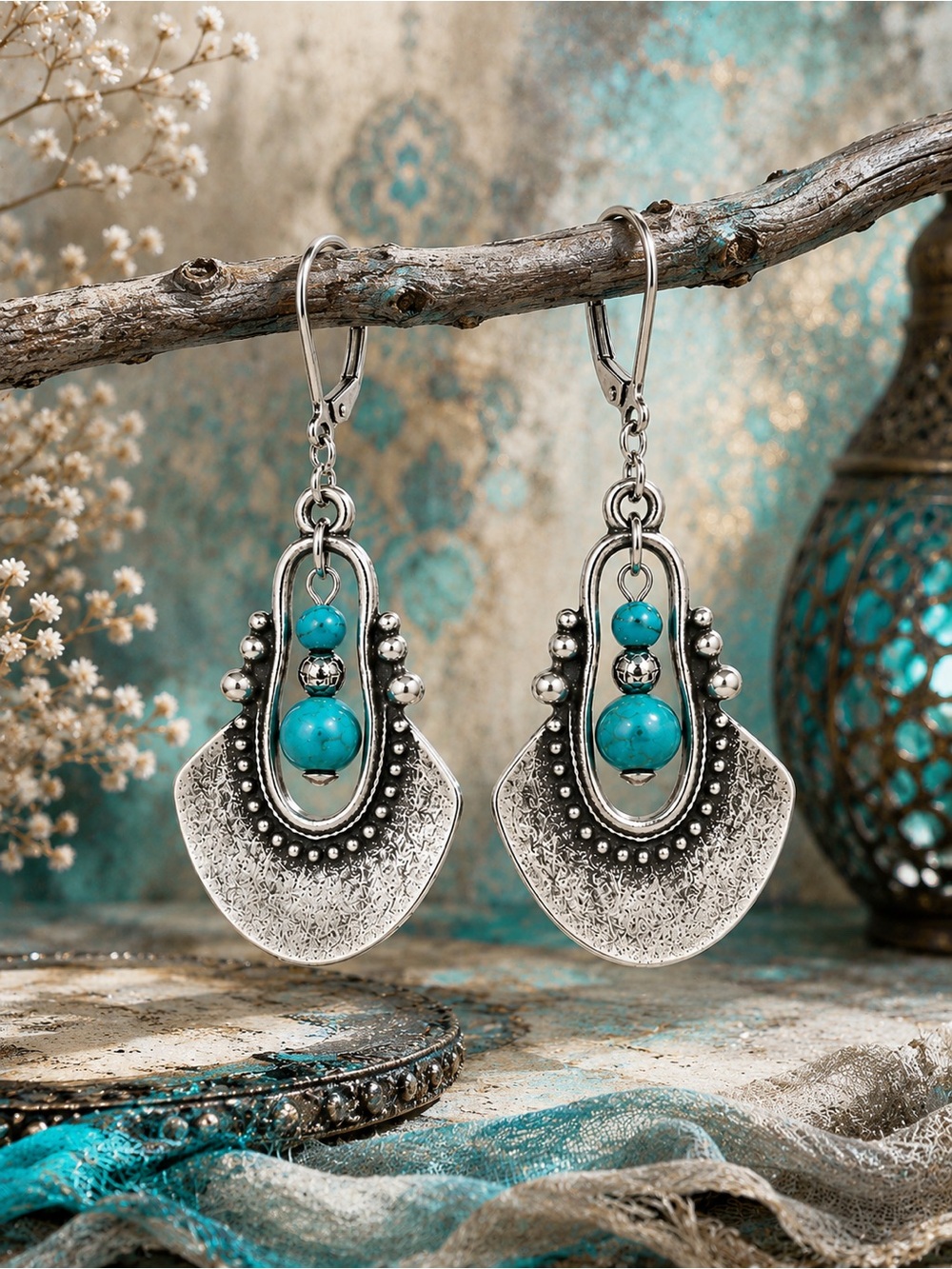 Turquoise Silver Fan Dangle Earrings | Boho Southwestern Leverbacks